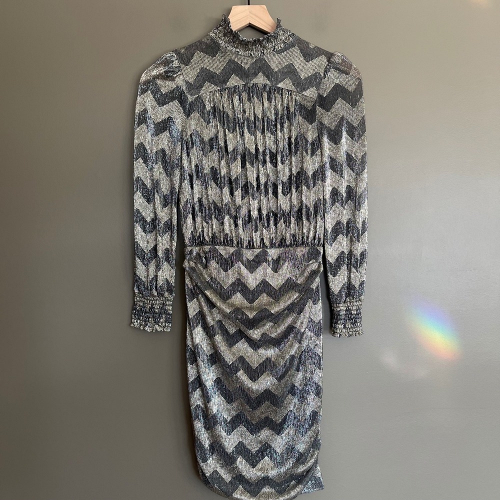 ba&sh Goldy Dress Size XS Anthracite Silver Metallic Chevron High Neck Chic Sexy - Picture 5 of 16